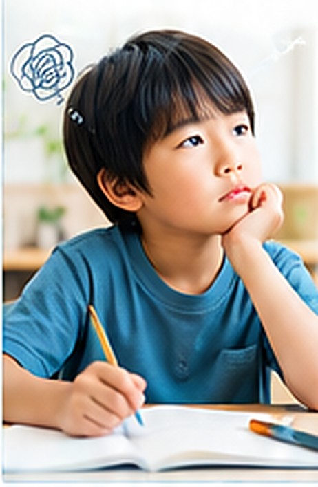 ほおづえをついて考える男の子